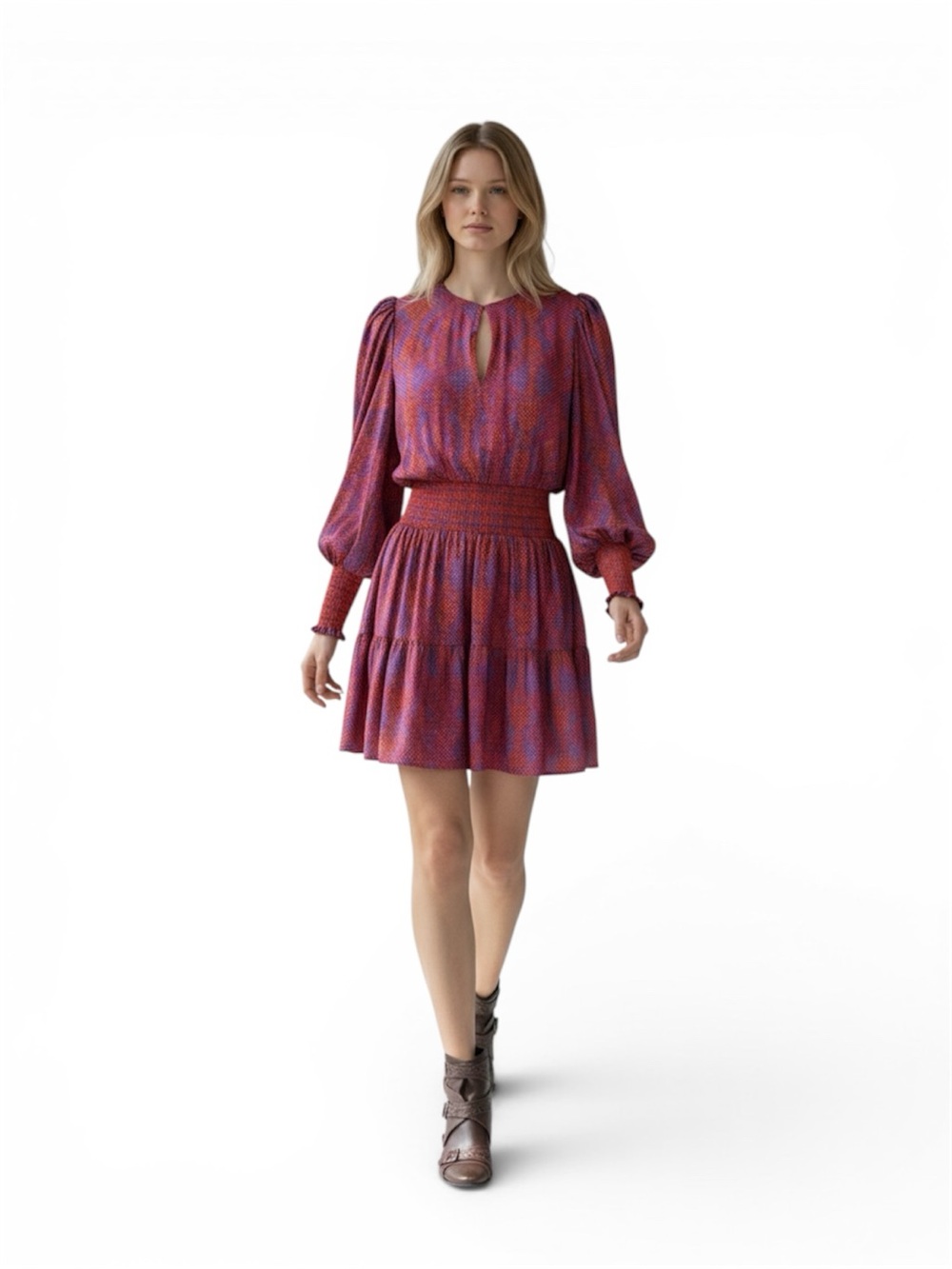 Emily McCarthy Dress XS Pink Purple Print | Smocked Waist Tiered Mini Boho